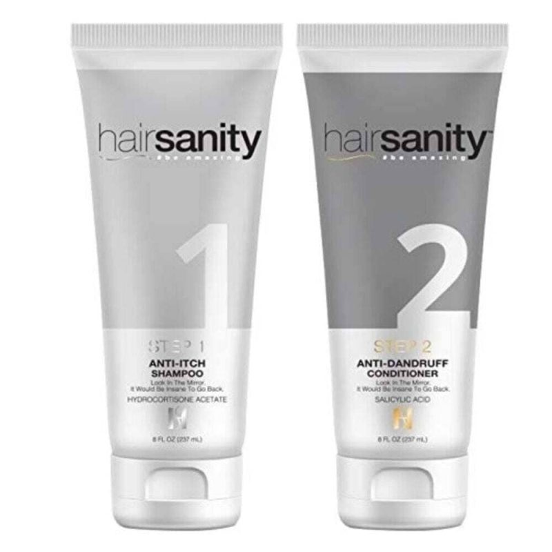 hairsanity anti itch shampoo step 1 anti dandruff conditioner step 2 HairSanity shop at skin type solutions